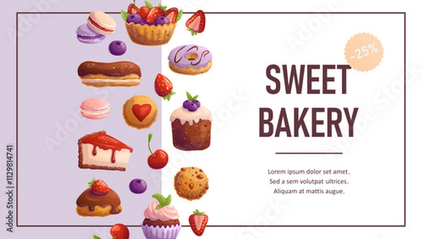 Obraz Template with desserts for flyer, sale, baking party, birthday,  sweet food banner. Space for text. Vector illustration.
