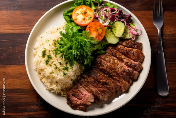 Fototapeta Flavorful meal combining rice, beans, meat, vegetables, and vital nutrients. Fight hunger