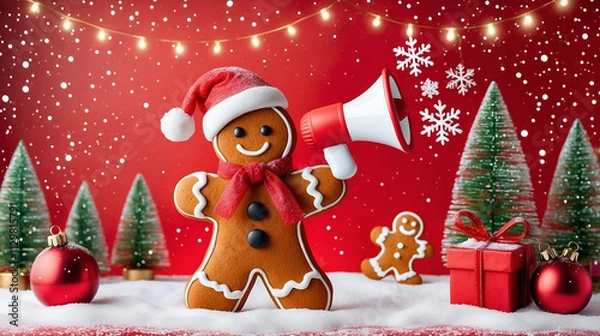 Fototapeta christmas gingerbread man with megaphone announcing festive news, red snowy background, holiday cheer
