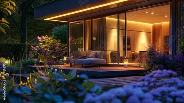 Fototapeta A luxury villa at night with floor-to-ceiling windows glowing warmly, a spacious deck with a comfortable lounge area