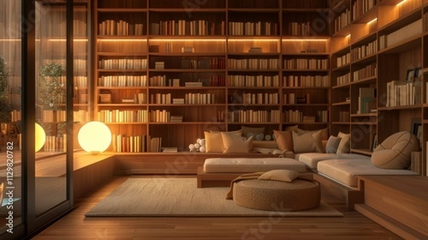 Fototapeta A modern library with sleek wooden shelves, a reading nook with cushions