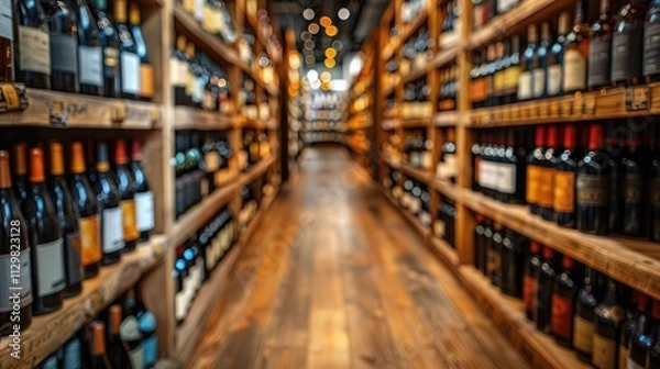 Fototapeta Wine aisle in a store with wooden shelves and bottles.