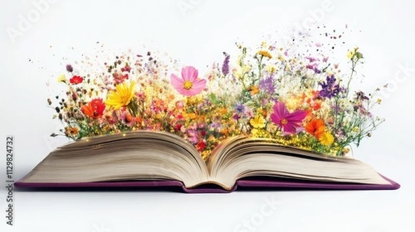 Fototapeta Open book with fantastic levitation glowing colorful flowers splash on white background, beautiful, World book day, knowledge and creativity concept, spring, summer mood.