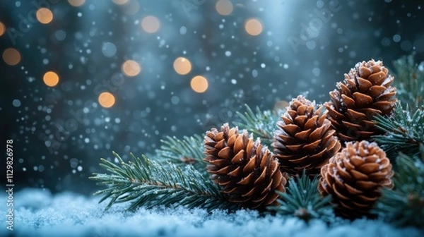 Fototapeta Cozy Winter Scene with Pine Cones and Evergreen Branches for Christmas Greeting Card