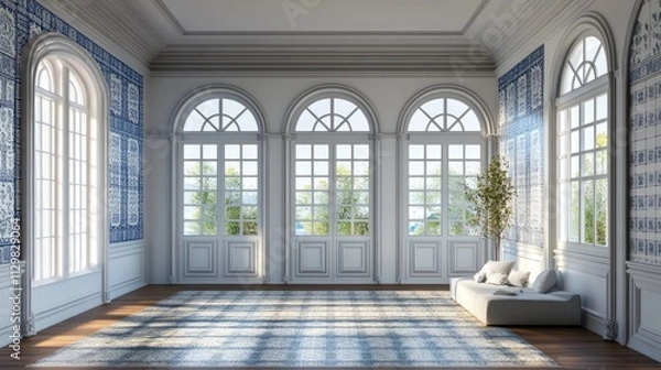 Fototapeta Original minimalistic design of room with portugal pattern. Incredibly beautiful 3D rendering of a living room design with azulejo elements and nostalgic notes of Portuguese culture.