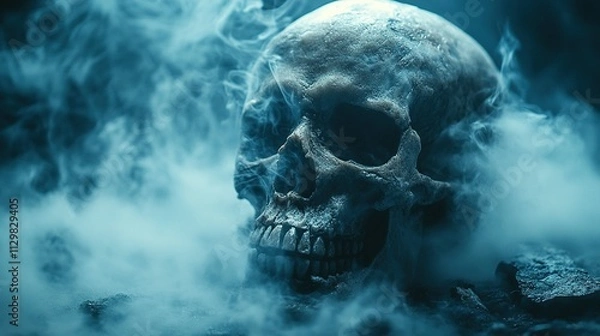 Fototapeta Dark Halloween Background: Skull Surrounded by Fog and Real Mist on a Black Floor