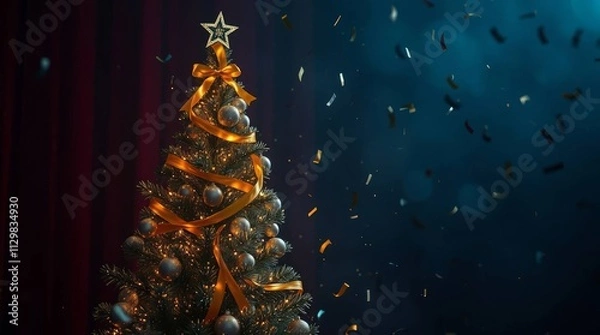 Fototapeta Christmas tree decorated with colorful ornaments and ribbons, shining on a blurred background. Perfect for festive decoration and Christmas atmosphere
