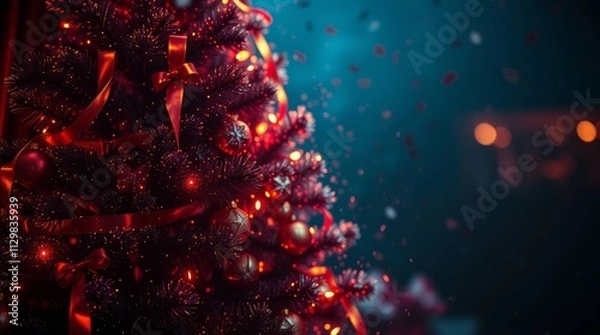 Fototapeta Christmas tree decorated with colorful ornaments and ribbons, shining on a blurred background. Perfect for festive decoration and Christmas atmosphere