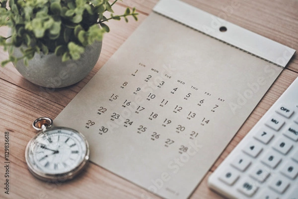 Fototapeta カレンダーと懐中時計と電卓