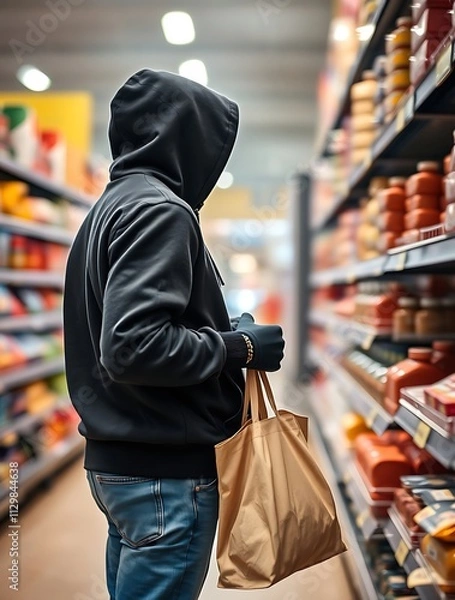 Fototapeta Hooded figure carrying a large bag while moving through a store aisle, illustrating shoplifting or theft in a retail environment