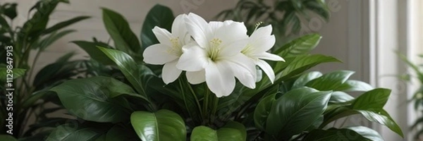 Fototapeta A serene and elegant white flower blooms among the broad green leaves of a popular houseplant, calming atmosphere, lush leaves