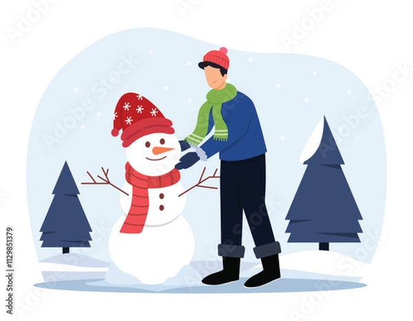 Obraz A boy building snowman winter scene snowy landscape. Playing snowman in winter Illustration. Winter fun activity.