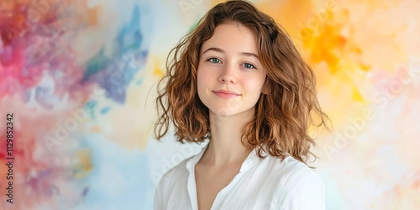 Fototapeta A radiant young woman with curly hair and a confident smile stands against a vibrant, artistic background, exuding charm, creativity, and a fresh, modern elegance.