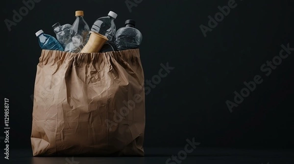 Fototapeta Paper bag filled with plastic bottles on a dark background, emphasizing waste, space for copy text