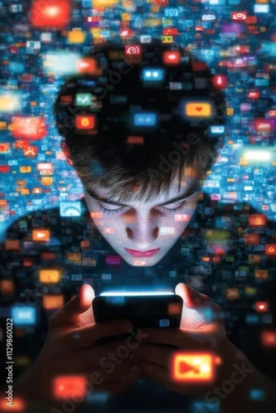 Fototapeta Person staring at his phone, brain rot concept, scrolling, digital fatigue, social network