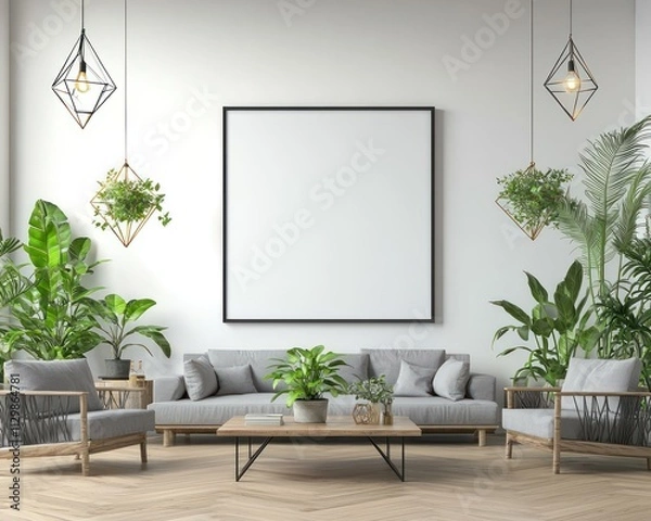 Fototapeta Minimal,living,room,empty,wall,frame,soft,lighting,grey,furniture,natural,tones.