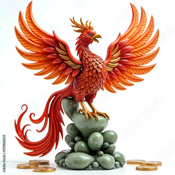 Fototapeta Vibrant phoenix sculpture on a stone base surrounded by shiny gold coins in a dreamy atmosphere, 3d rendering of fantasy art concept.