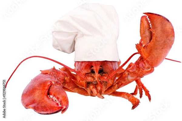 Obraz A lobster wearing white hat of chef combines humor with the unexpected. The lobster, usually seen as food, is dressed as a chef, adding a playful twist to its typical role.
