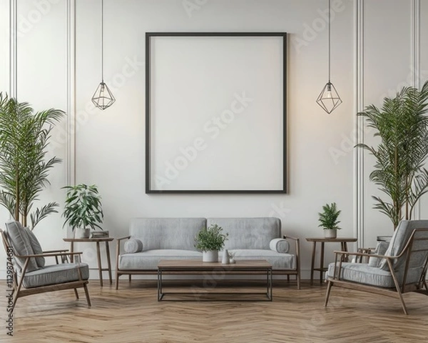 Fototapeta A Calming Living Room Features a Blank Frame on the Wall with Soft Shadows, Grey Furniture, and a Wooden Floor.
