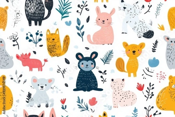 Fototapeta Playful animal pattern background with cute illustrations nature scene graphic content vibrant environment whimsical viewpoint engaging concept for children’s designs