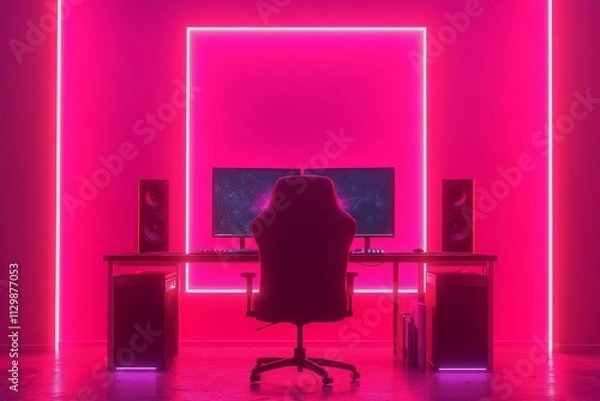 Fototapeta Minimalist gaming room with neon lights, elaborate computer setup, large speakers, black gaming chair, and vibrant pink lighting