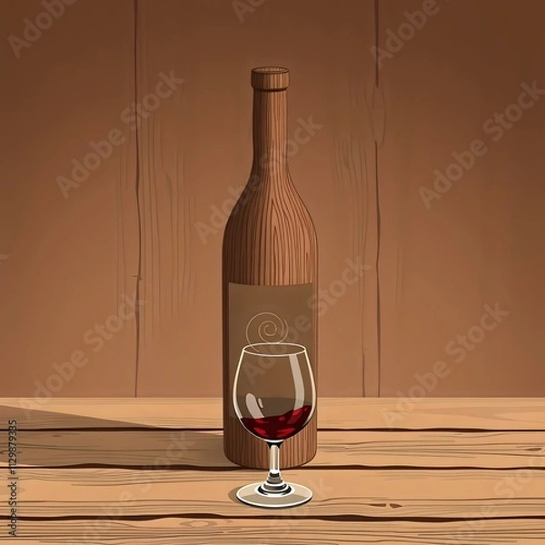 Fototapeta Simple Wooden Wine Bottle with Glass on Background