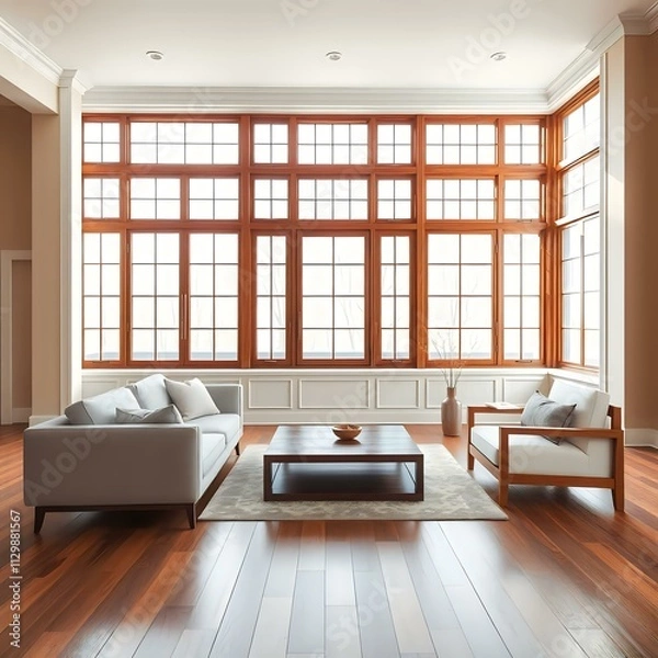 Fototapeta Wood Floor Living Room with Large Windows and Furniture Arrangement