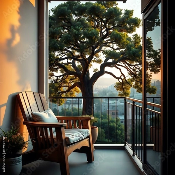 Fototapeta Wooden Chair on a Balcony with Perfect View of Tree