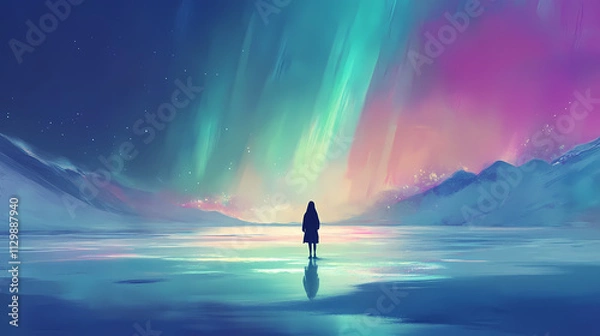 Fototapeta A person stands on a lake in front of a beautiful aurora. Aurorae. Illustration