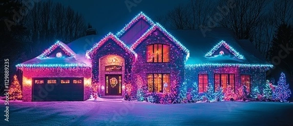 Fototapeta A house with a bright, festive display of holiday lights. The lights cover the roof, windows, and yard in vibr, Generative AI 