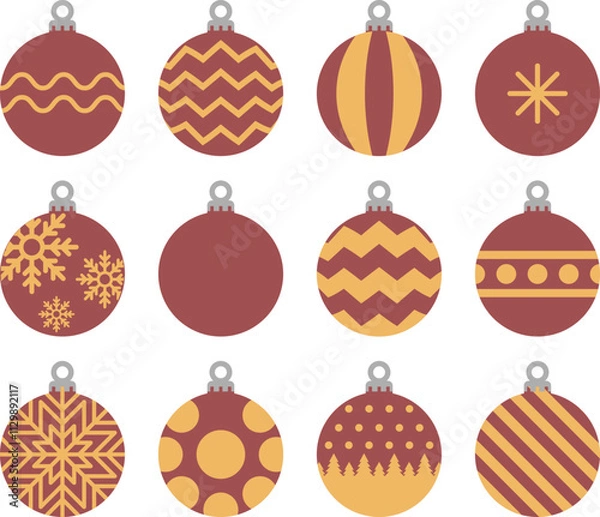 Fototapeta A set of red and gold decorative Christmas tree ornaments.