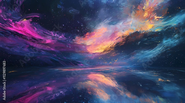 Fototapeta Ethereal aurora borealis dancing across a starry night sky vibrant neon hues swirling in abstract patterns reflecting off a tranquil lake below. Aurorae. Illustration