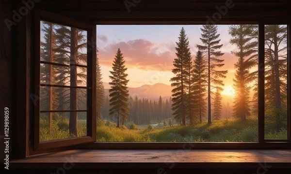 Fototapeta Cabin window overlooking a serene forest landscape at sunset, peaceful, woods