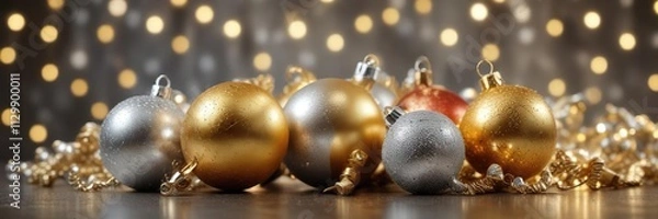 Obraz Festive holiday decorations in gold and silver on a textured background with sparkling lights, decorations, gold, silver