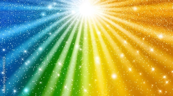 Fototapeta Vibrant rainbow light rays burst from center, sparkling glitter background.