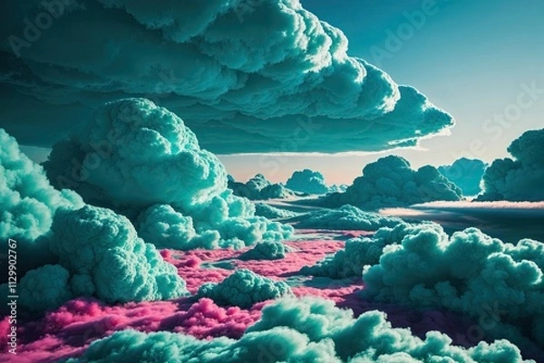 Fototapeta Vibrant 3D Landscape of Lush Teal Clouds in Kaleidoscopic Colors