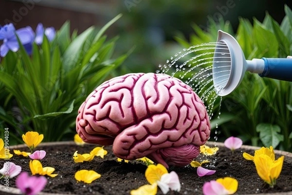 Fototapeta Innovative Wellness Garden Featuring Cheerful Petals and Brain-Centric Watering Tools for Nurturing Ideas
