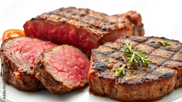 Fototapeta Juicy and succulent fried meat steak with crispy exterior, isolated on white background, dinner, white background