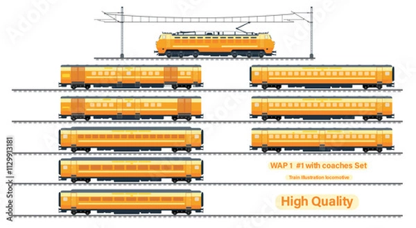 Obraz illustration of a set of a train, train asset collection with coach set, locomotive with passenger coach collection 