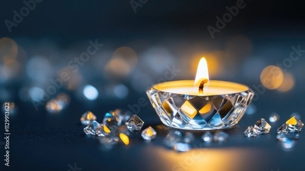 Fototapeta Lit candle in glass holder with scattered crystals, illuminating dark, serene setting
