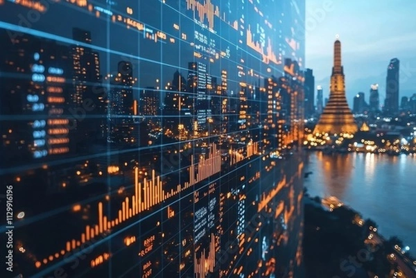 Fototapeta Holographic market projections illuminating urban skyline financial analysis cityscape nighttime futuristic concept