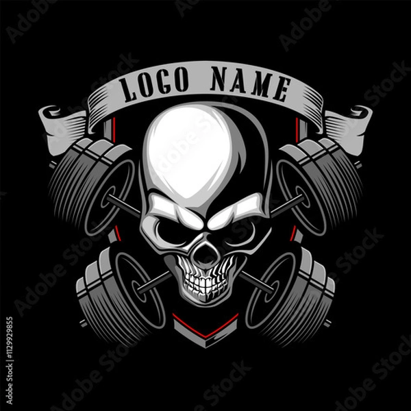 Fototapeta Fitness Logo Crossed barbell Skull Head vector template