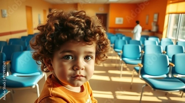 Fototapeta A child sitting in an urgent care waiting room, conveying a sense of patience and concern while awaiting medical attention.

