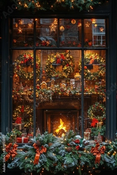 Fototapeta A winter-themed holiday window with snow falling outside. Inside, there are Christmas presents and holiday, Generative AI 