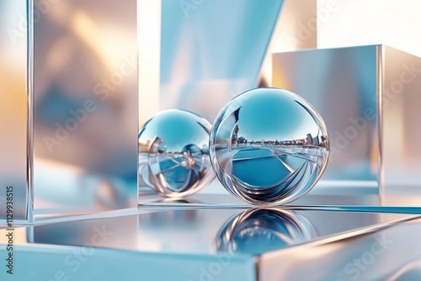 Fototapeta Reflective spheres and geometric shapes in a modern abstract setting