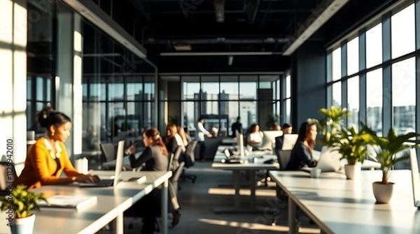 Fototapeta A blurred office scene with people working behind a glass wall, symbolizing a modern, dynamic workspace and focused productivity.

