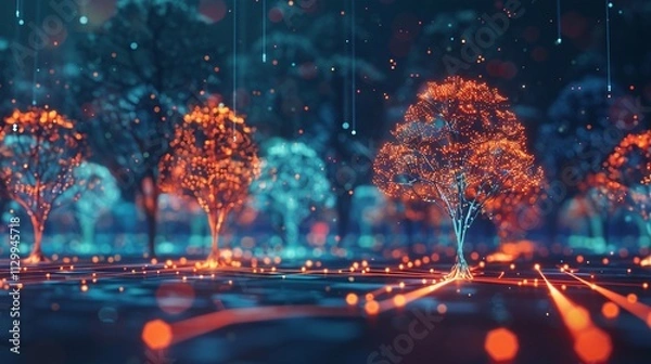 Fototapeta Enchanting glow of a snowy winter woodland at dusk with glimmering lights along a winding path through the serene atmospheric forest landscape