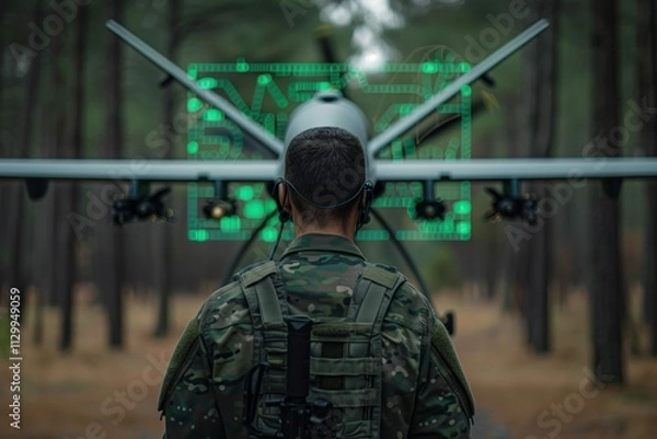 Fototapeta A soldier drone operator stands in front of the equipment, digital tracking of tactical weapon from space, Modern tactical jet fighter shooting flares