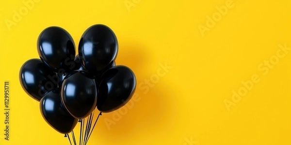 Obraz Black balloons bunch on bright yellow background. Image suitable for Black Friday sale banner. Stylish design with copy space. Promotional product. Event advertising. Modern marketing concept. Visual