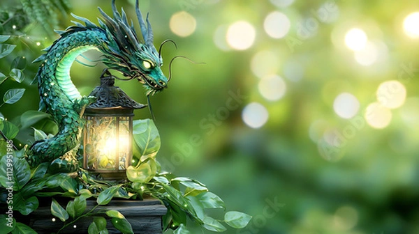 Fototapeta vibrant Chinese dragon entwined around lantern post, surrounded by lush greenery, creates mystical atmosphere